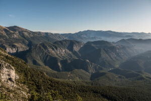 Pedraforca-3 small mountain ridges viewed from the distant height