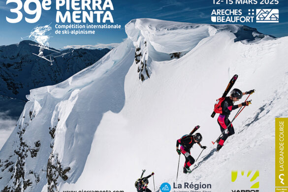 Guys climbing the snowy mountian with skimo skis on backpack