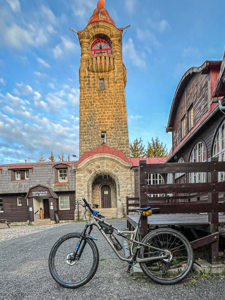 MTB bike near the look out tower in Jizerske hory on the known MTB race Jiro220