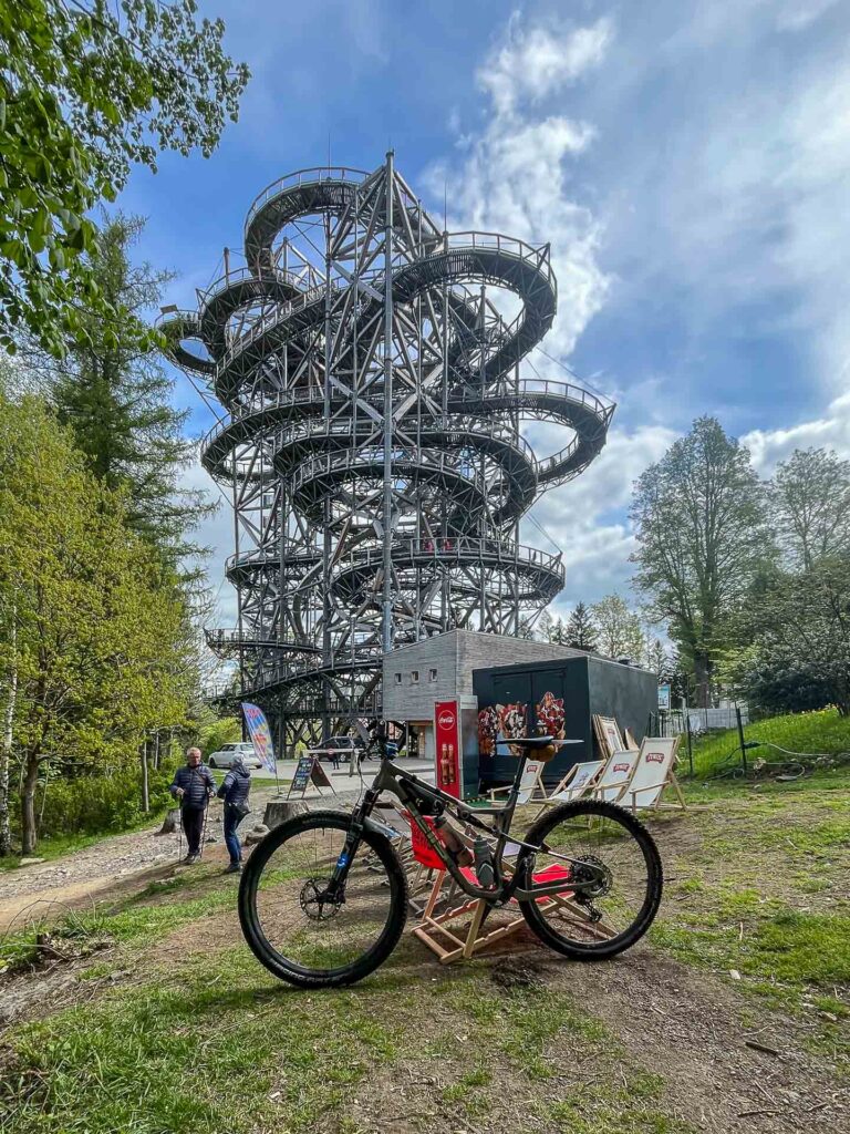 MTB bike near the look out tower in Jizerske hory on the known MTB race Jiro220