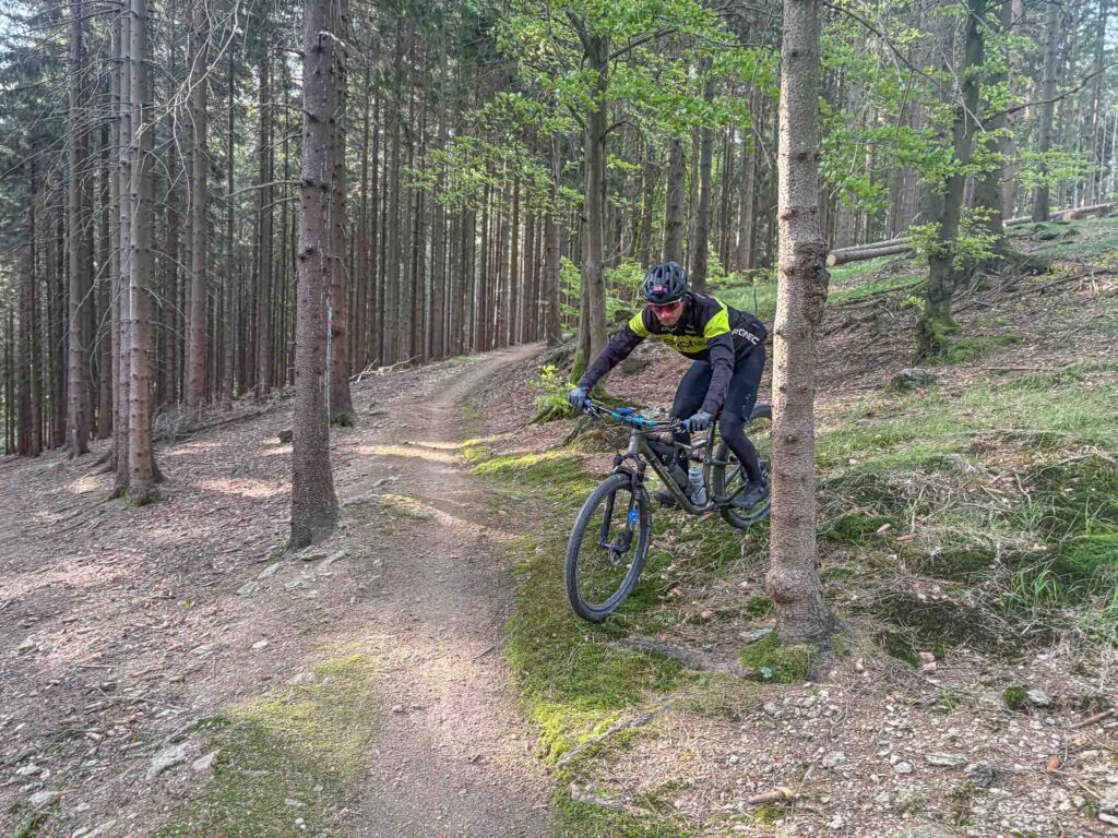 MTB rider going downhill in the forrest