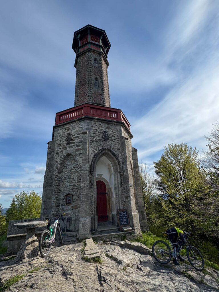 MTB bike near the look out tower in Jizerske hory on the known MTB race Jiro220