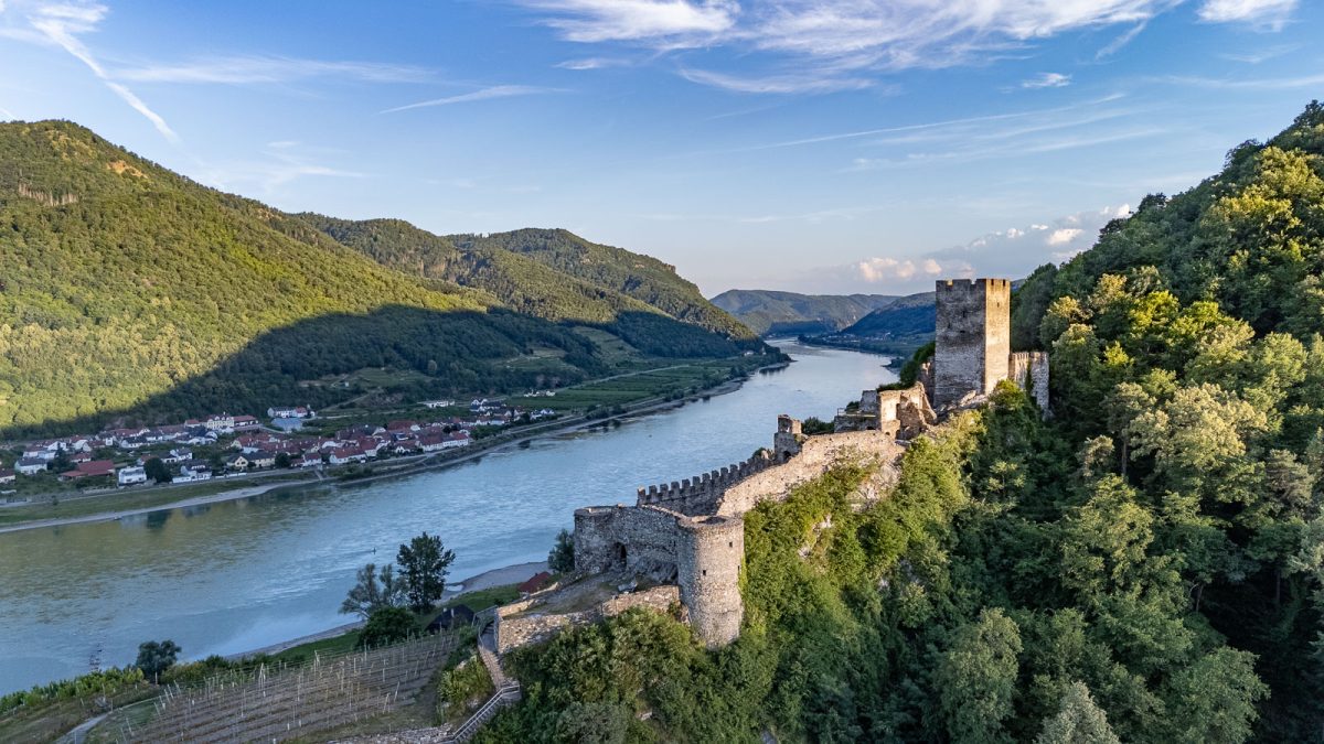 old castle ruin on the shore of Donau river in Wachau