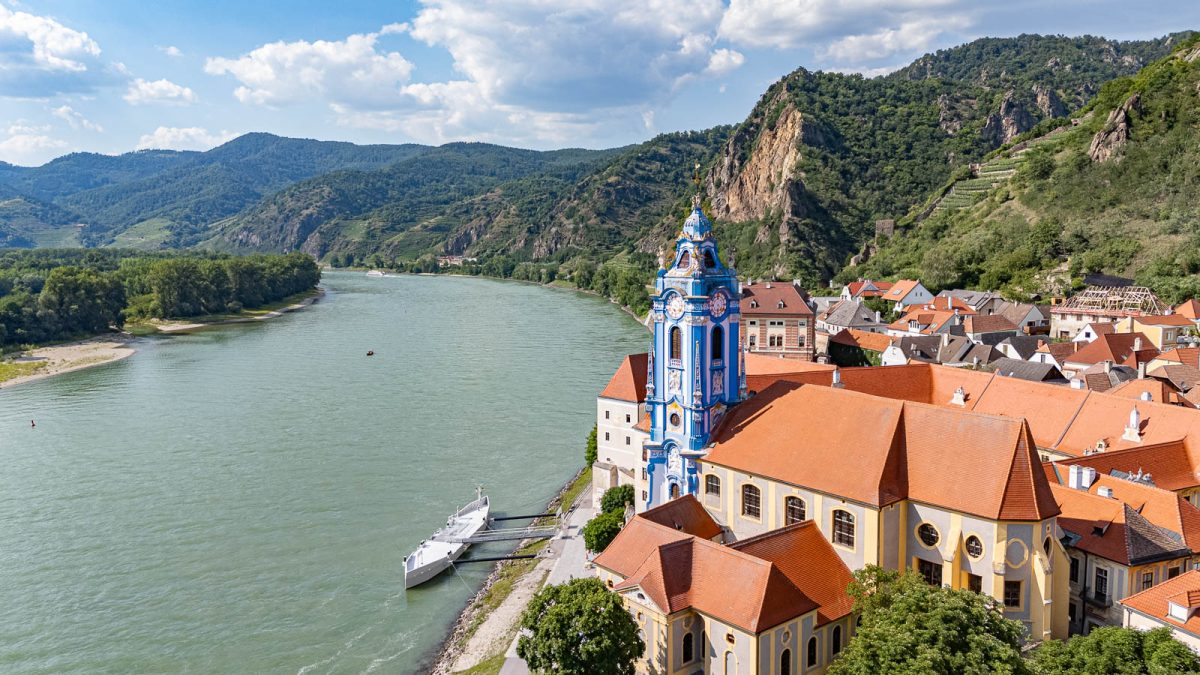 Durnstein abbey with blue tower on the shore of Donau in Wachau