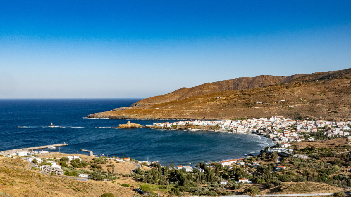 Andros town in greek island Cyclades while wind blowing