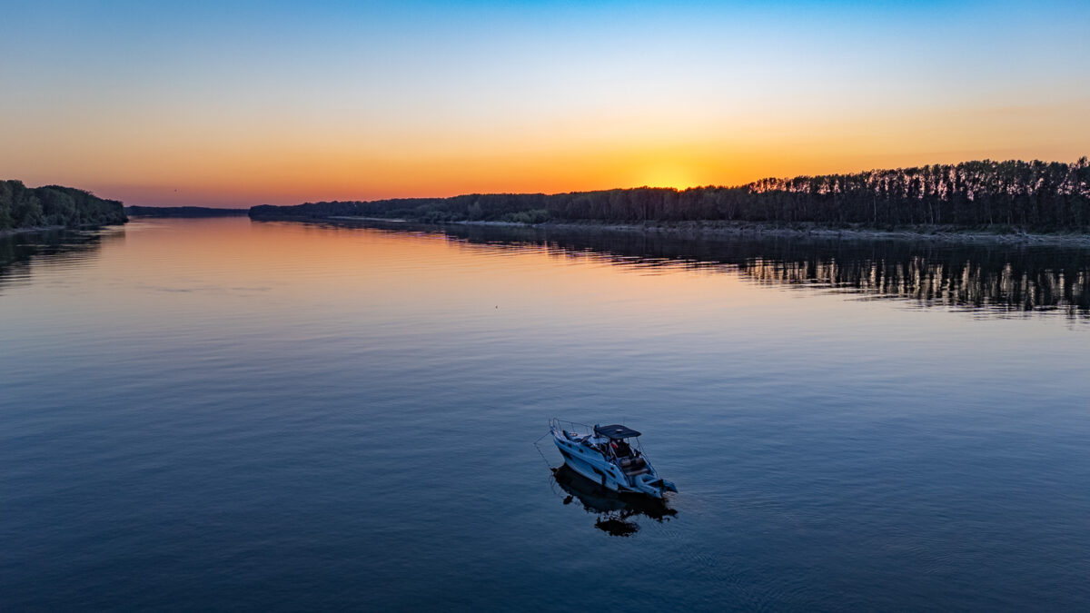 Sunset over the confluence of Danube and river Olt in Romania