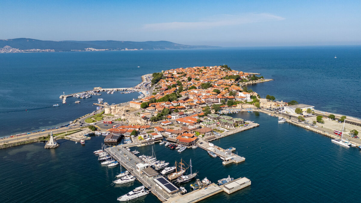 Unesco city Nesebar in the middle of the sea surrounded by marinas.