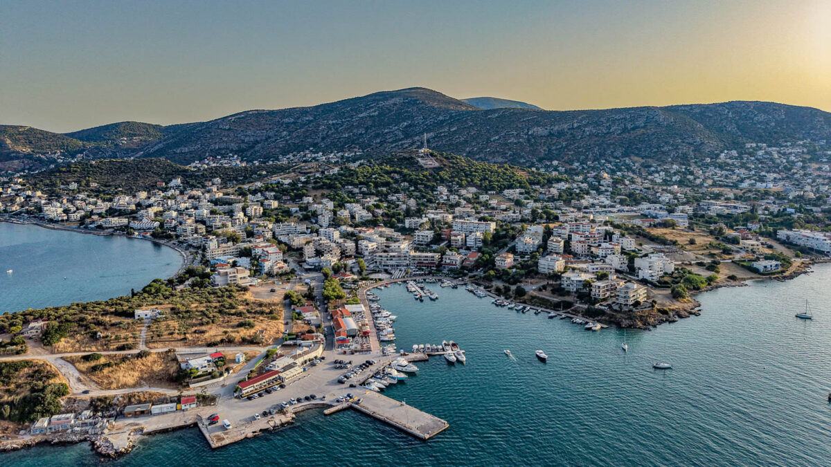 Greek touristic port Porto Rafti with anchoring boats