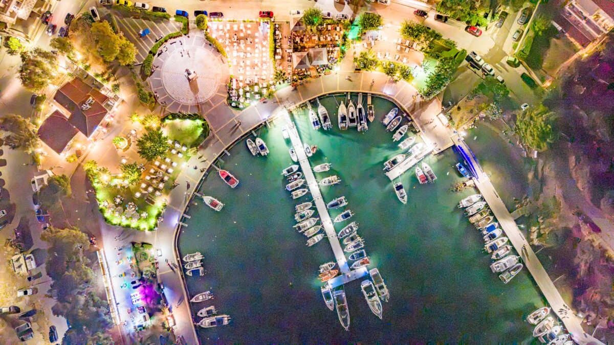 Aerial photo of porto Rafti at night in Greek riviera