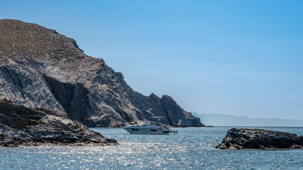Anchoring boat on greek coast in Agean see