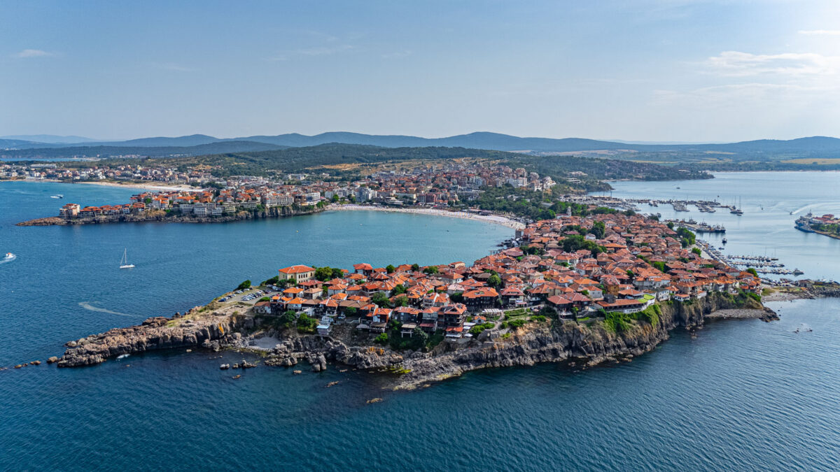 Cliffy peninsula with beautiful city Sozopol on the clif and beaches around