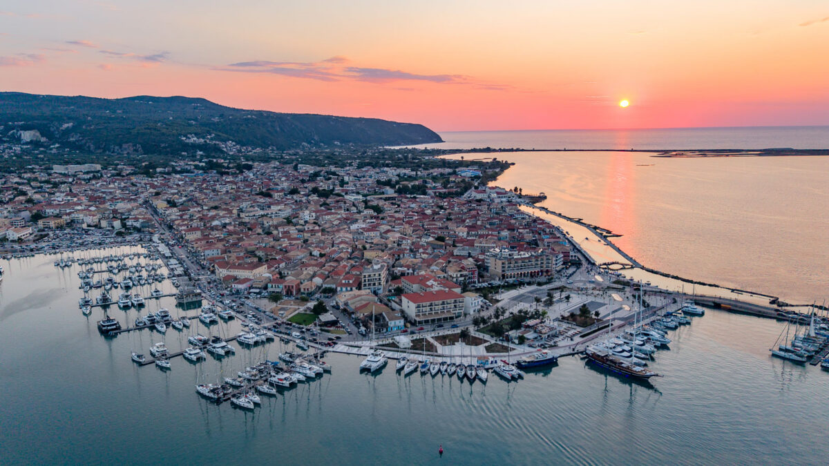 Sunset over Lefkada town and marina from above