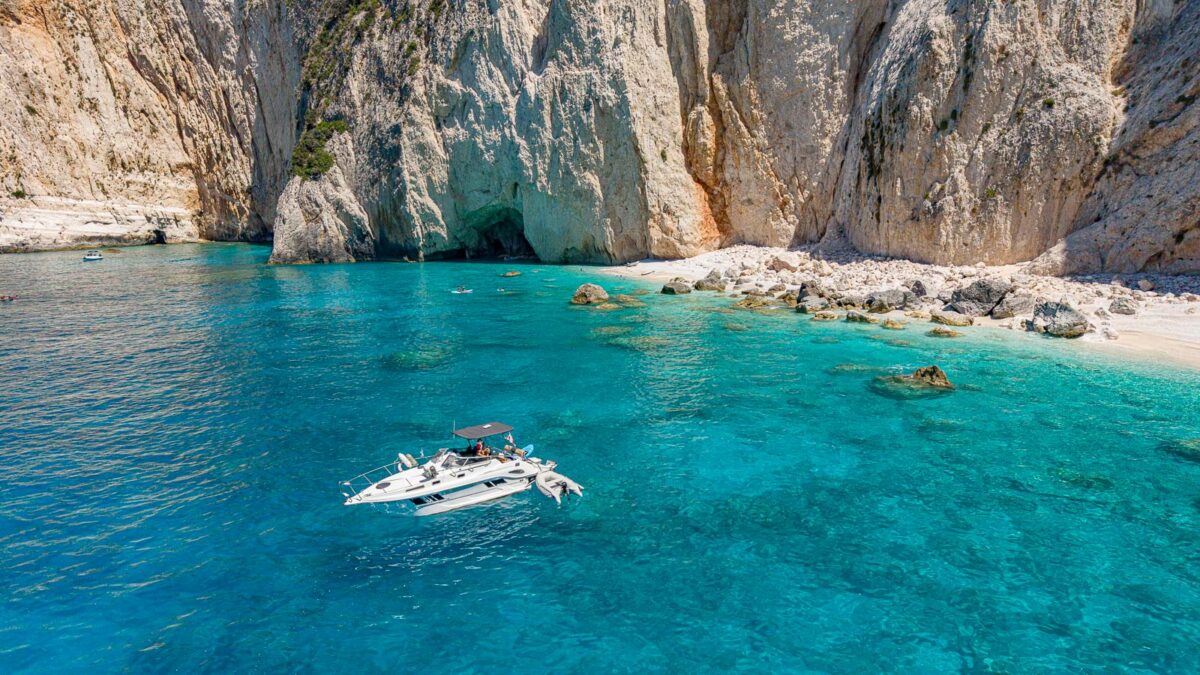 Boat anchored in picturesque bay of Lefkada island