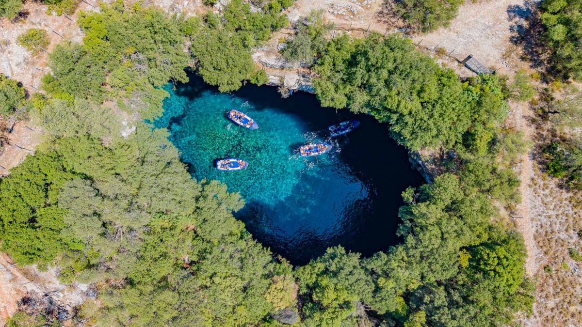 Aerial photo of the melissani cave on Kefalonia island in Greece