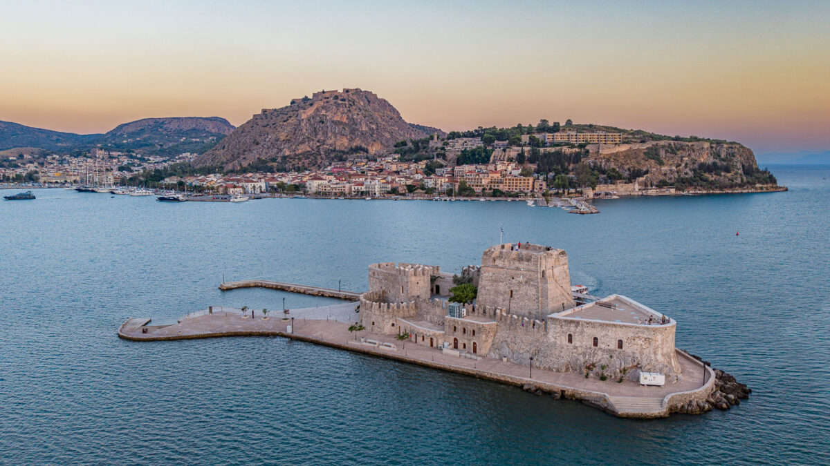 Aerial photography of Napflio town with island castle and castle on the hill