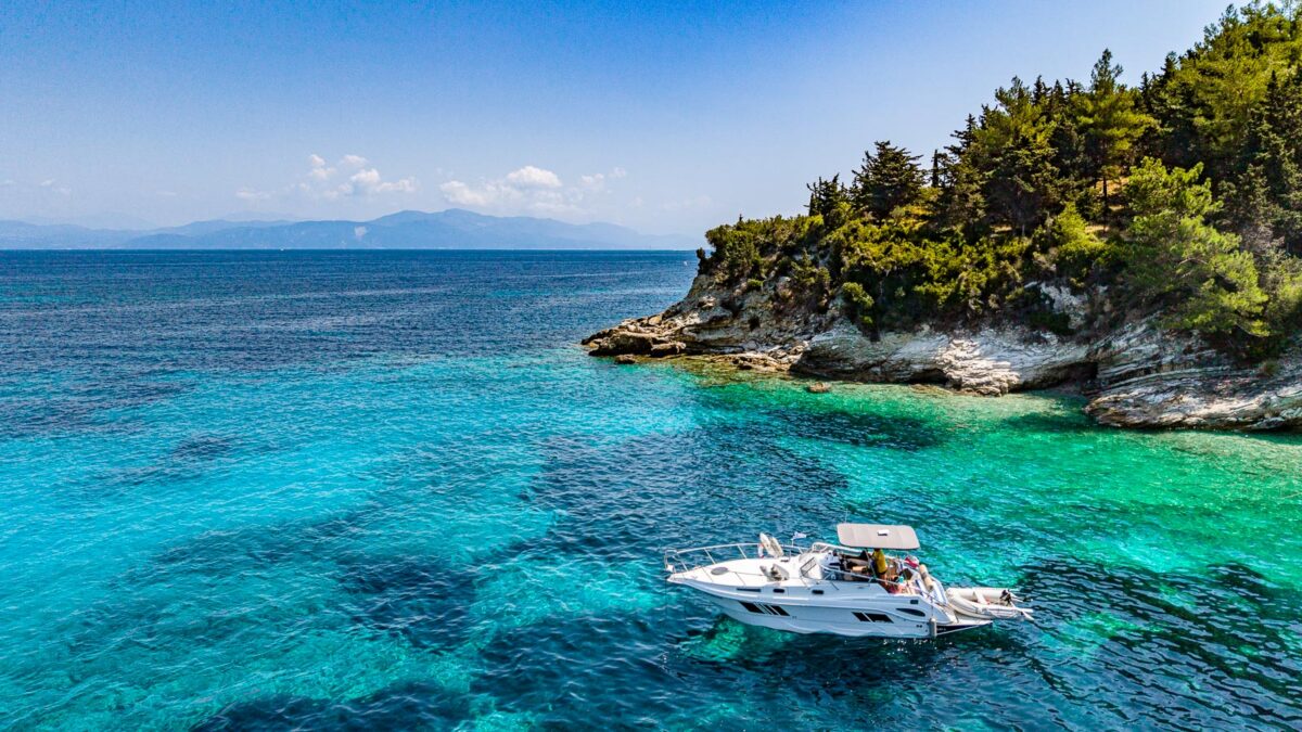 Anchored boat i Greece in the bay in Paxos